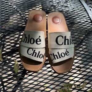 Chloe Beige and Black Logo Flats